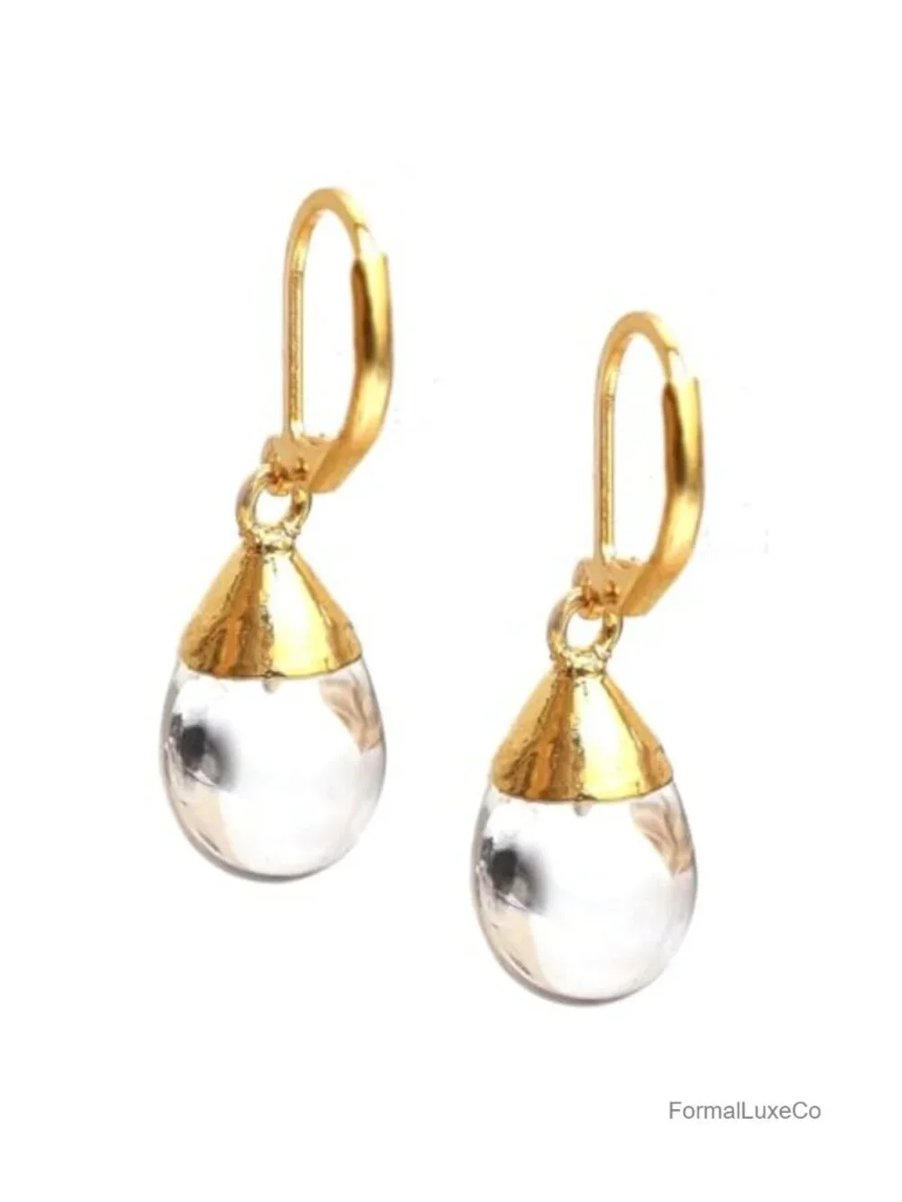 Handmade Natural Clear Quartz Dangle Leverback Earrings, 14k Gold Plated, Boho